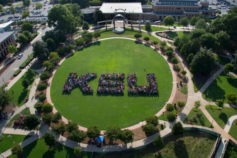 aerial view of KSU campus green with KSU spelled out