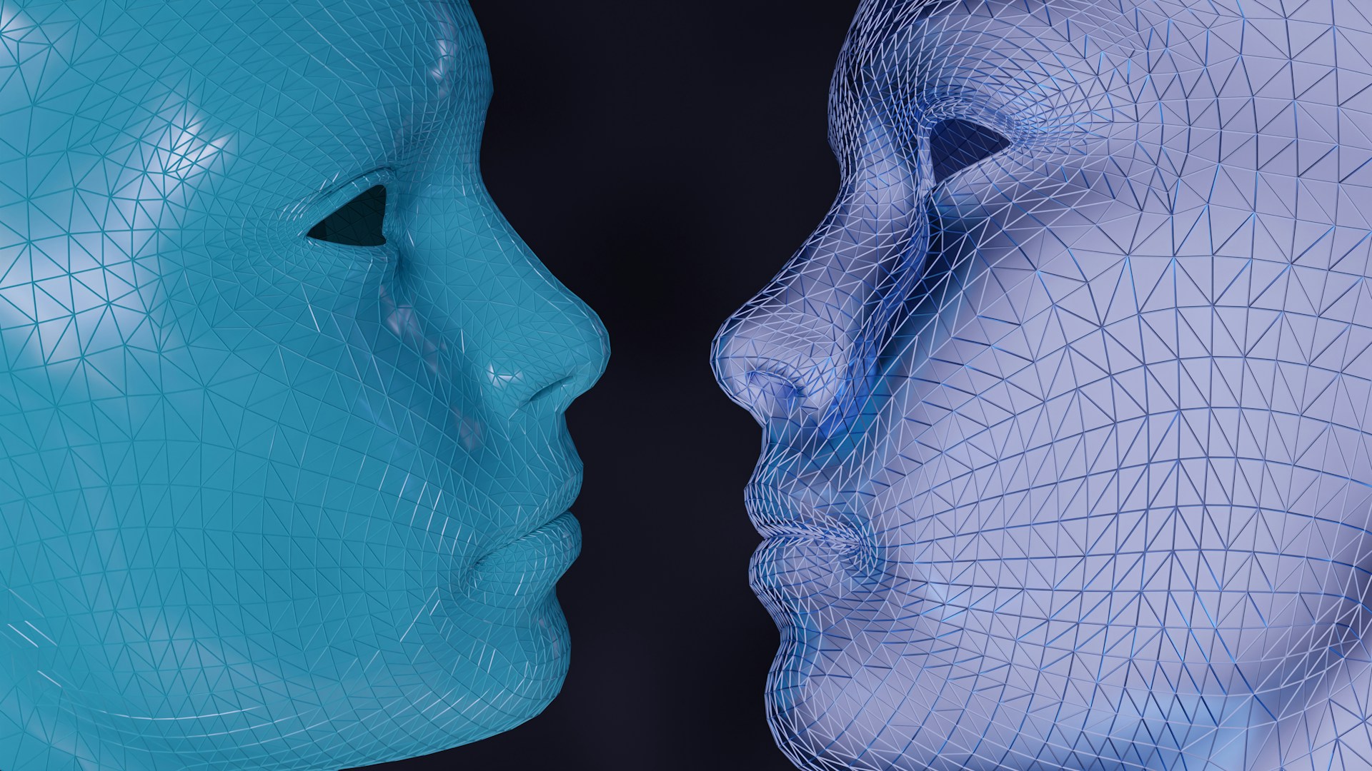 two computer generated human faces looking at each other